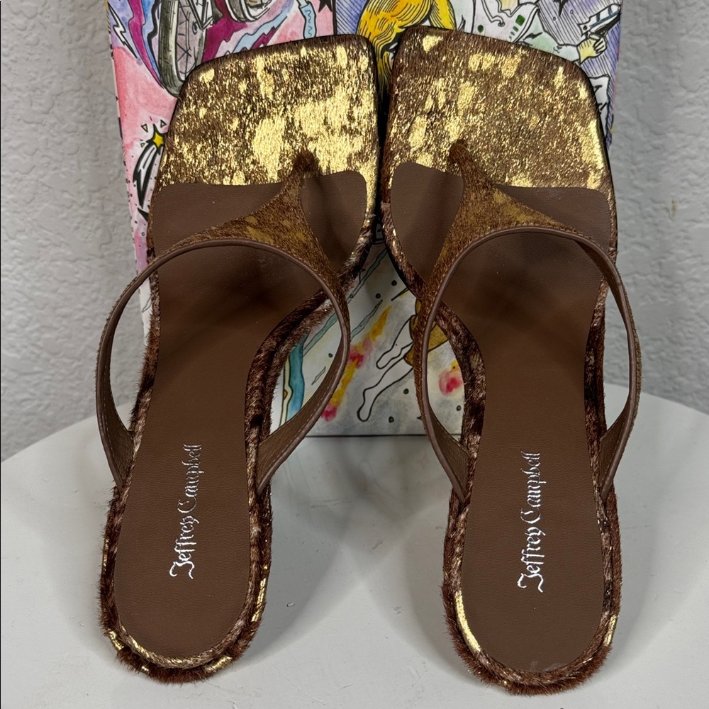 JEFFREY CAMPBELL ROMEE F CALF HAIR SCULPTED WEDGE SANDALS BROWN GOLD SPOT *NIB* - Picture 11 of 15